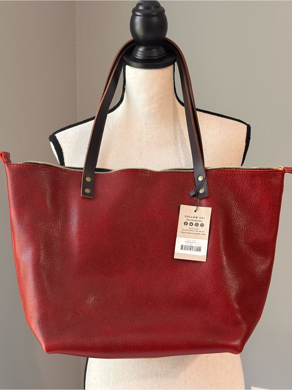Portland Leather Large Chilli Red Tote with Dark Brown Straps